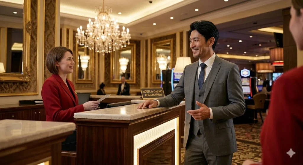 韓国のカジノのフロントで話す男性と女性