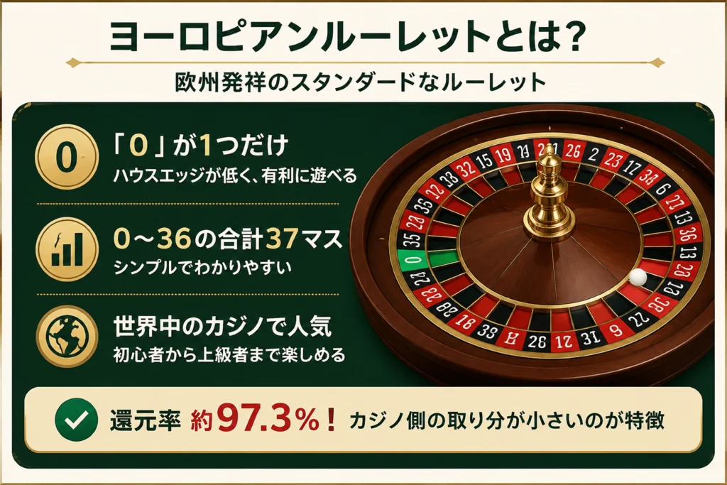 ヨーロピアンルーレットの特徴と盤面(「0」が1つ・37マス・還元率97.3%)