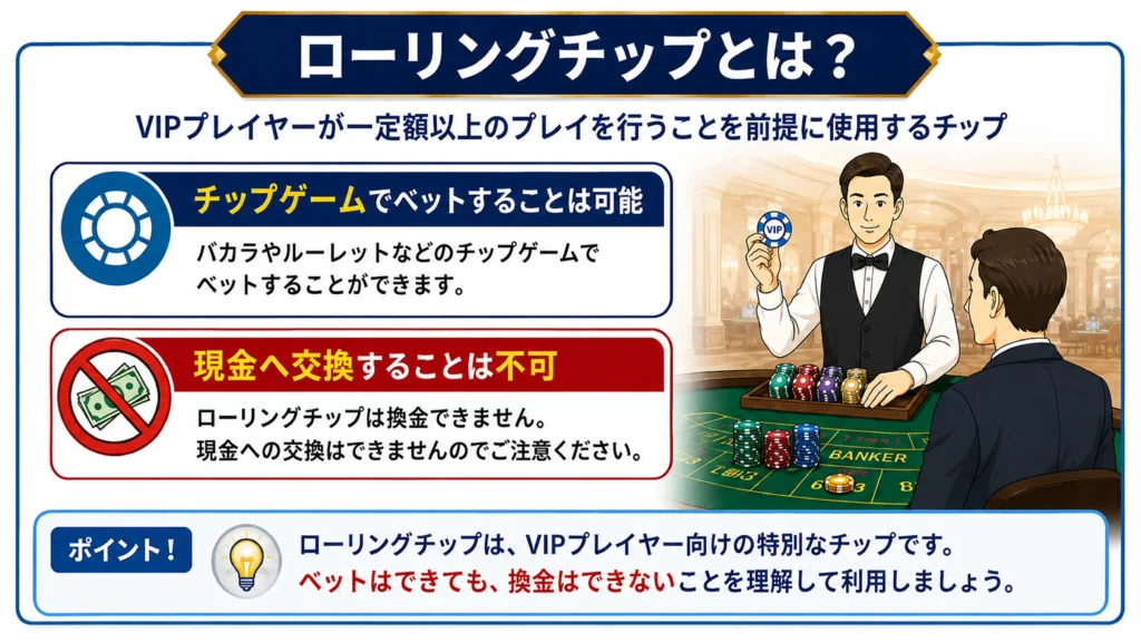 ローリングチップ
VIPプレイヤーが一定額以上のプレイを行うことを前提に使用するチップ
ゲームでベットすることは可能
現金へ交換することは不可