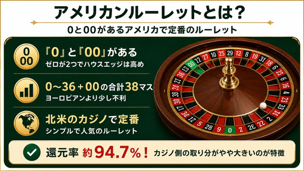 アメリカンルーレットの特徴と盤面(「0」と「00」の2つ・38マス・還元率94.7%)
