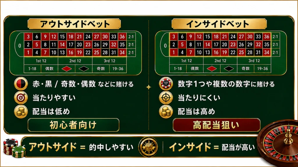 ✅ カジノルーレットのアウトサイドベットとインサイドベット一覧・配当・特徴