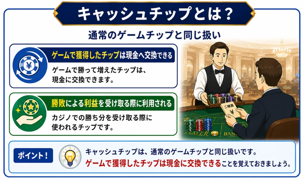 キャッシュチップ:通常のゲームチップと同じ扱い
ゲームで獲得したチップは現金へ交換できる
勝敗による利益を受け取る際に利用される