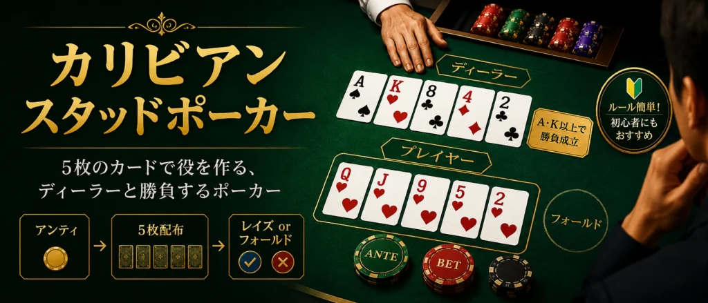 カリビアンスタッドポーカーの遊び方|5枚配布・A・Kクオリファイヤー制のルール解説