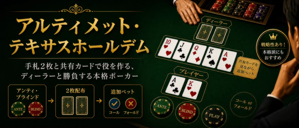 アルティメット・テキサスホールデムの遊び方|手札2枚と共有カードで対ディーラー勝負