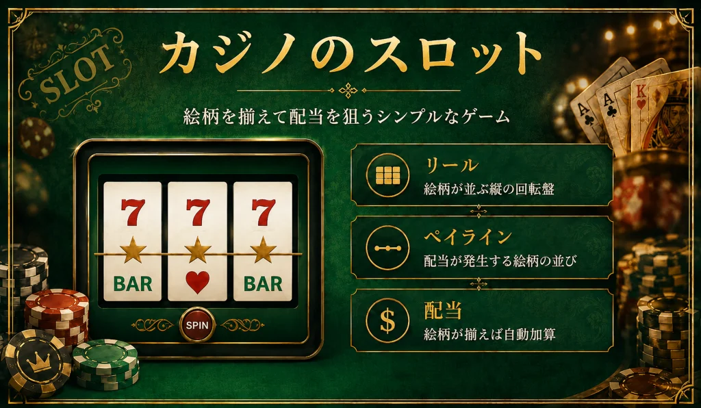 カジノのスロットの基本(絵柄を揃えて配当を狙うシンプルなゲーム)を図解