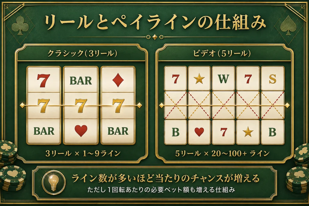 スロットのリールとペイラインの仕組み(クラシック3リールとビデオ5リールの比較)
