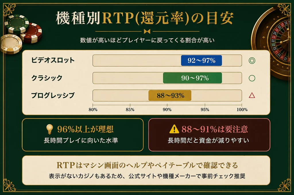 カジノスロット機種別のRTP(還元率)比較(ビデオ92-97%・クラシック90-97%・プログレッシブ88-93%)