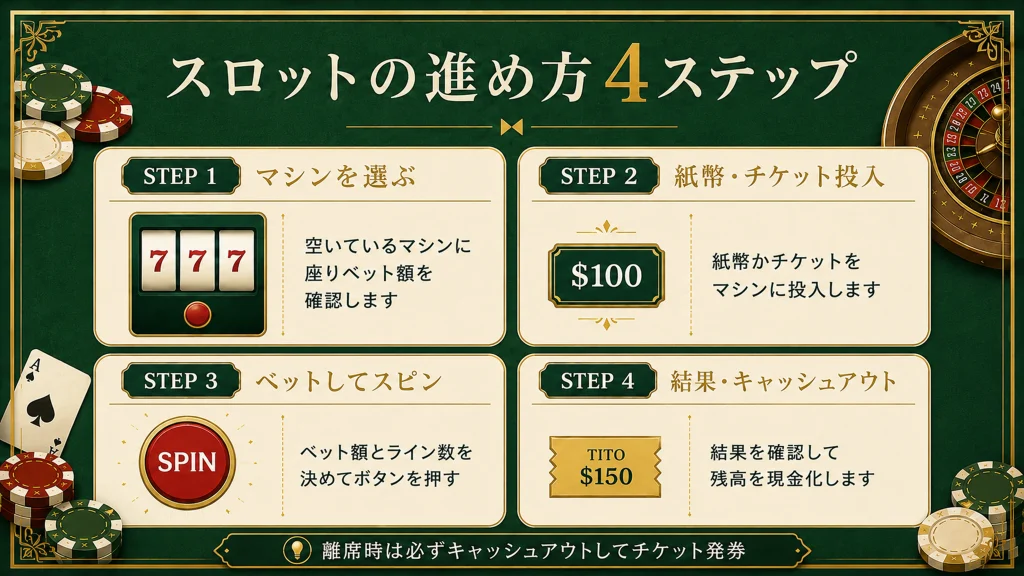 カジノスロットのゲーム進行4ステップ(マシン選択→紙幣投入→スピン→キャッシュアウト)
