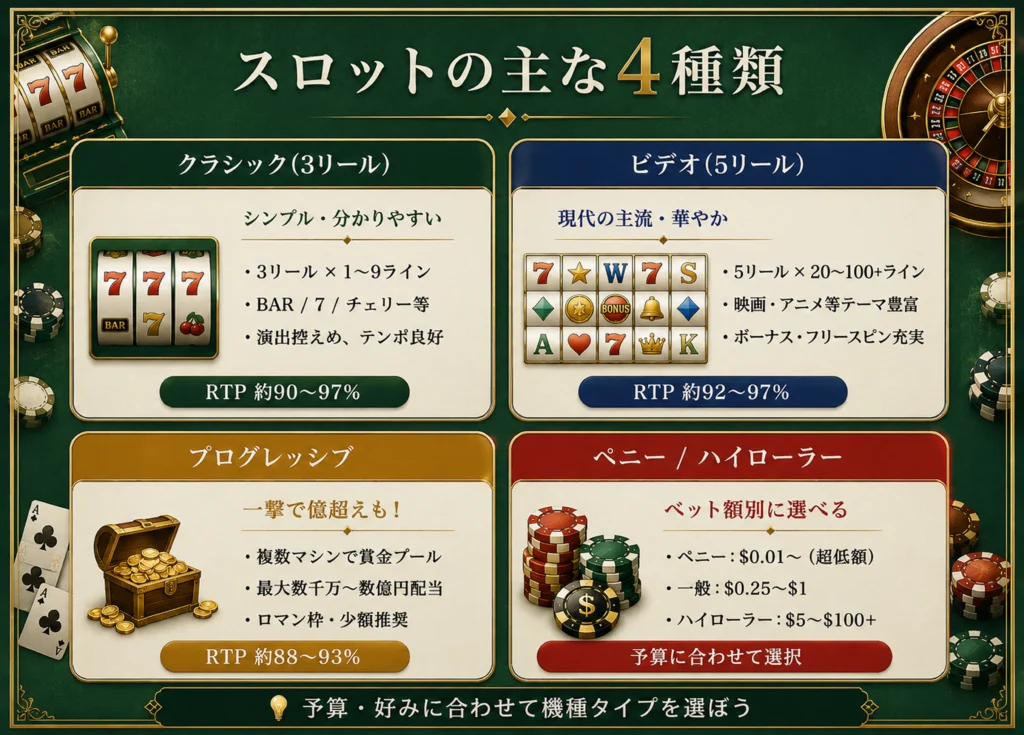 カジノスロットの4種類(クラシック・ビデオ・プログレッシブ・ペニー/ハイローラー)と特徴・RTP比較