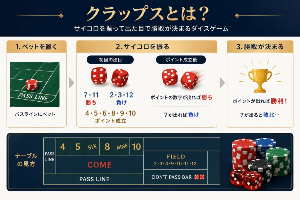 2個のサイコロで勝敗が決まるカジノクラップスの基本フローとテーブル見取り図