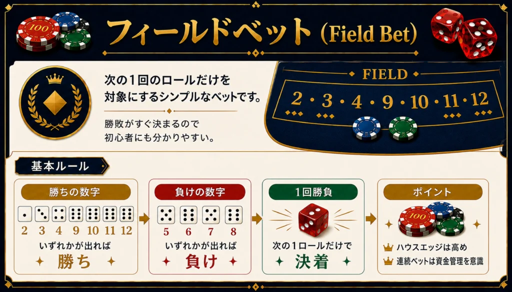 クラップスのフィールドベット勝敗条件(2・3・4・9・10・11・12で勝ち、5・6・7・8で負け)