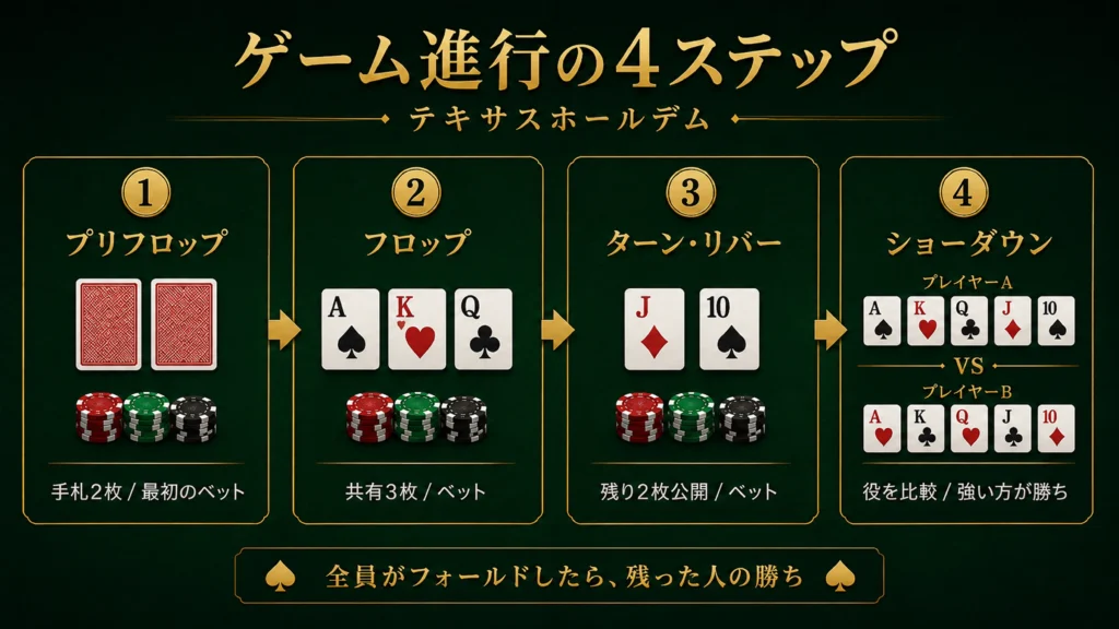 テキサスホールデムゲーム進行の4ステップ(プリフロップ〜ショーダウン)