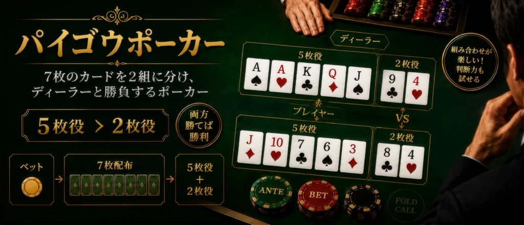 パイゴウポーカーの遊び方|7枚を5枚役と2枚役に分けてディーラーと勝負するルール