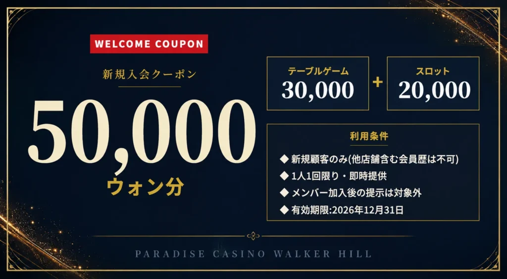 パラダイスカジノ・ウォーカーヒル新規入会クーポン5万ウォン分の内訳(テーブルゲーム3万ウォン+スロット2万ウォン)と利用条件